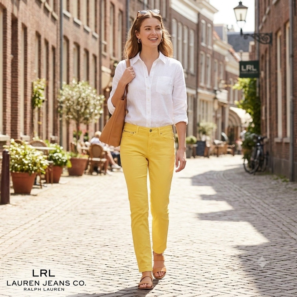 Lauren Jeans Co Ralph Lauren Pants Women 8 Yellow Straight Leg Cotton Blend